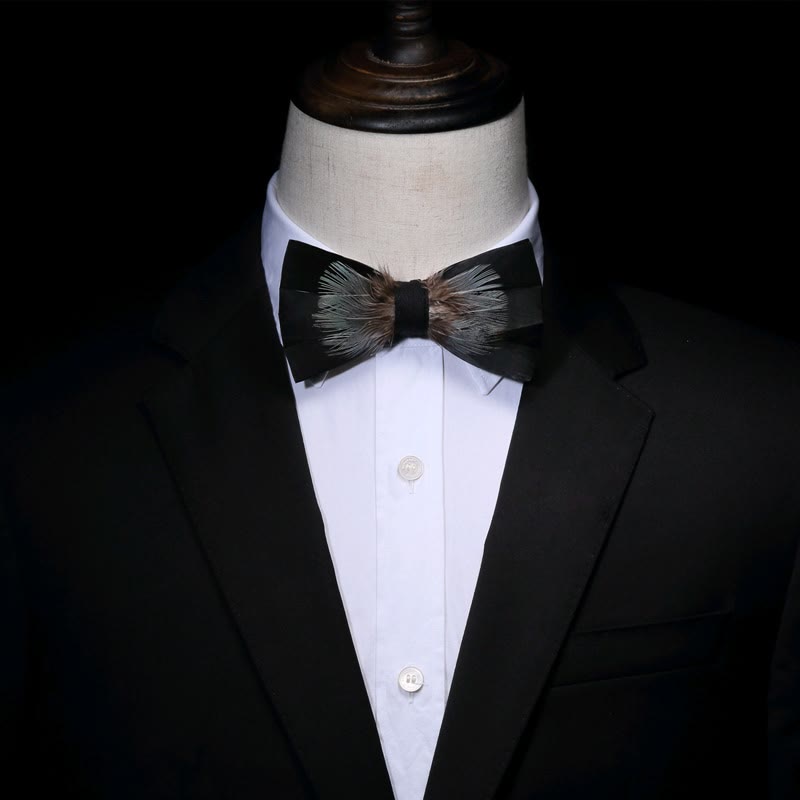 Black & Green Mountain Feather Bow Tie with Lapel Pin