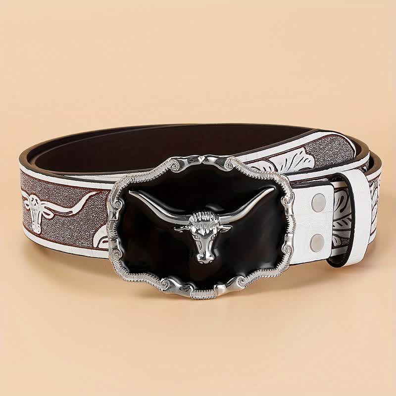 Men's Black Western Longhorn Bull Head Leather Belt - White - 40 - image 1