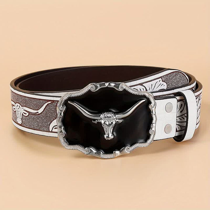 Men's Black Western Longhorn Bull Head Leather Belt - White - 40 - image 1