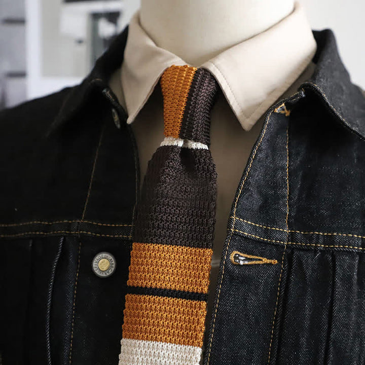 Men's Autumn Horizonal Striped Knitted Necktie - Coffee & Goldenrod - image 18