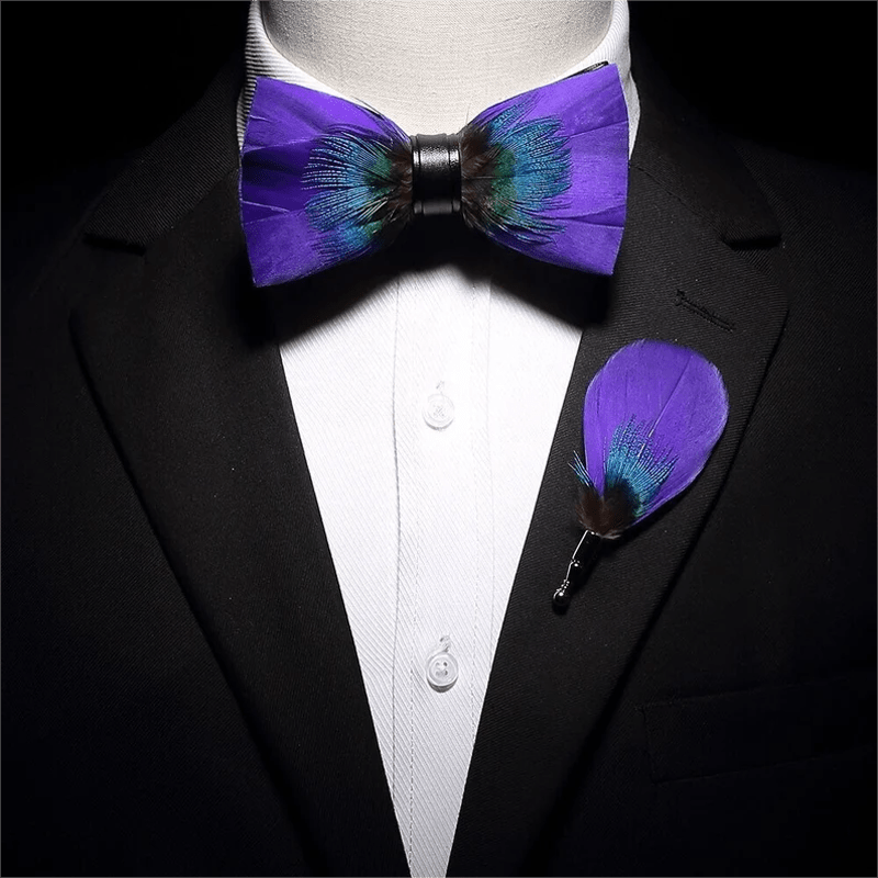 Royalty Purple & Teal Feather Bow Tie with Lapel Pin - image 2
