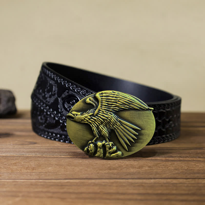 Men's DIY Eagle On Stone Buckle Leather Belt - Gold - Black Carved Belt (40) - image 13