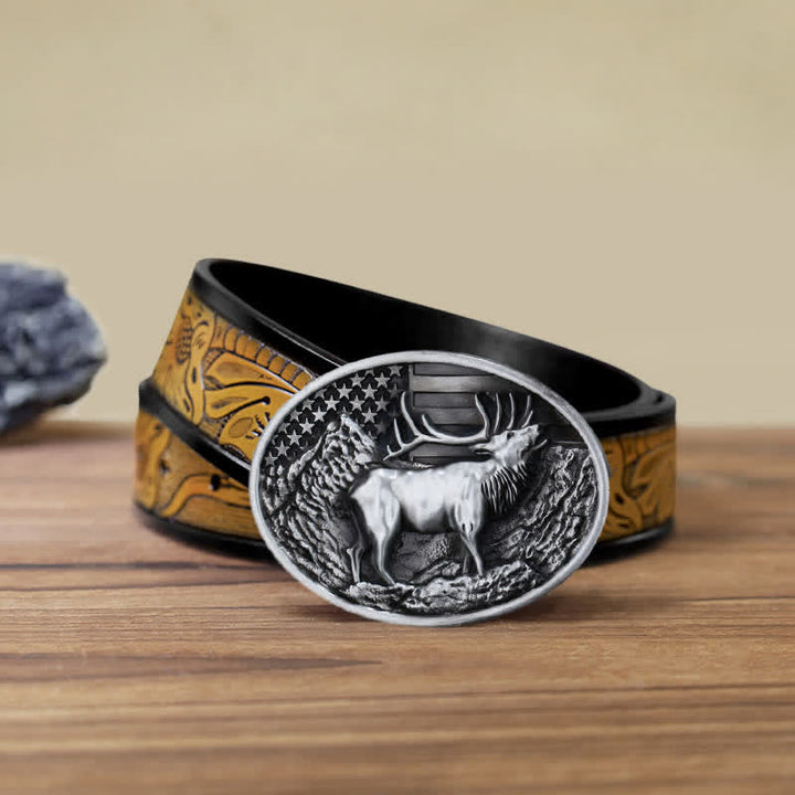 Men's DIY Elk Deer American Flag Buckle Leather Belt - Antique Silver - SandyBrown Belt (40) - image 21