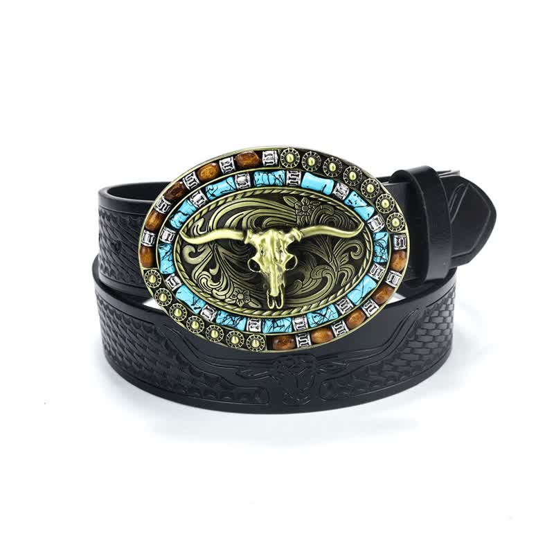 Men's Western Cowboy Turquoise Bull Leather Belt - Black / Gold - 40 - image 20