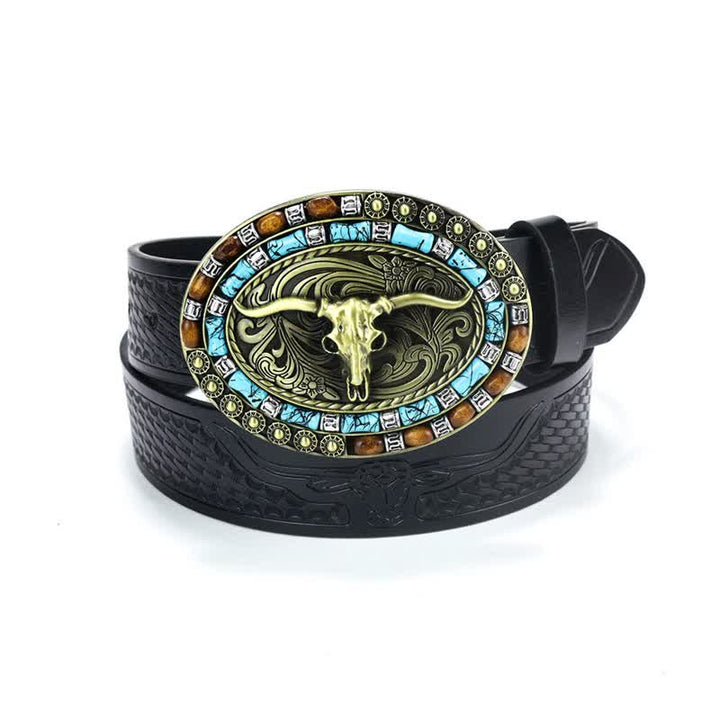 Men's Western Cowboy Turquoise Bull Leather Belt - Black / Gold - 40 - image 20