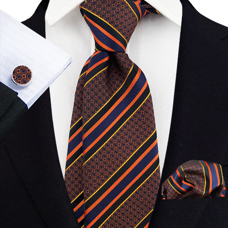 3Pcs Men's Novelty Orange & Navy Striped Necktie Set - Orange & Navy - image 0