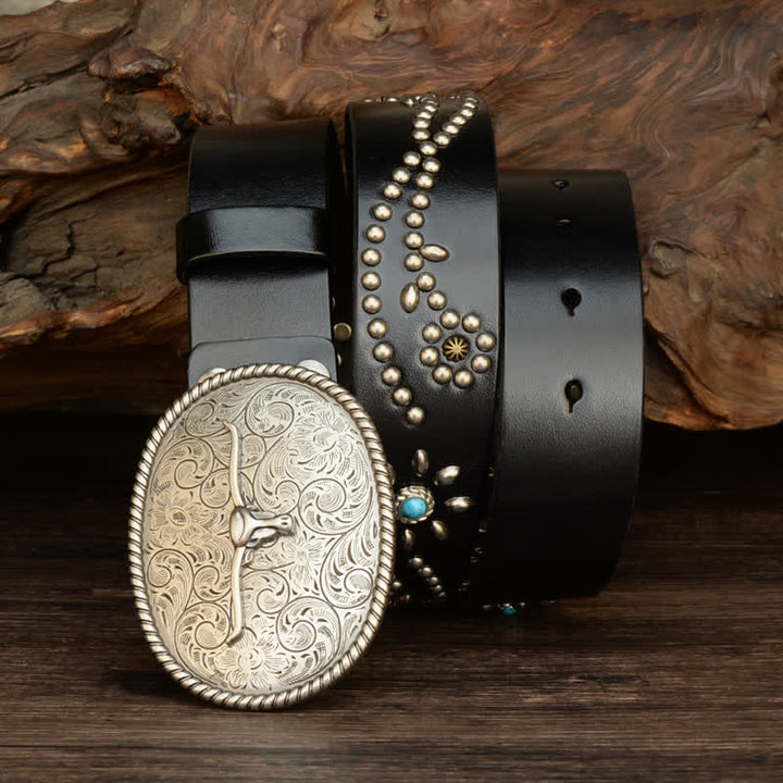 Men's Punk Rivet Longhorn Bull Turquoise Real Leather Belt - Black - 44 - image 3