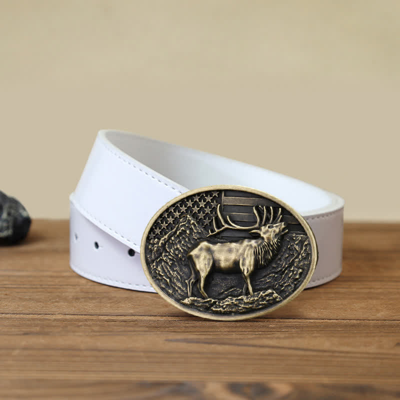 Men's DIY Elk Deer American Flag Buckle Leather Belt - Antique Bronze - White PU Belt (40) - image 10