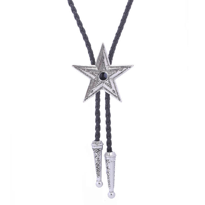 Vintage Natural Stone Star Pendant Necklace Bolo Tie - Black - Antique Silver - image 16