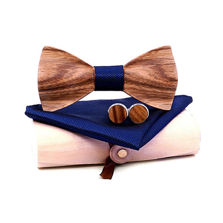 3Pcs Men's Classic Simple Wooden Bow Tie Set - Dark Blue - Style #2 - image 11