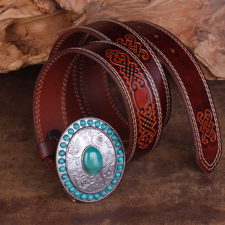 Unisex Carved Rose Turquoise Jade Agate Leather Belt - image 12