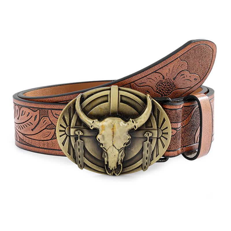 Men's Engraved Mad Bull Leather Belt - Brown / Gold - 42 - image 0