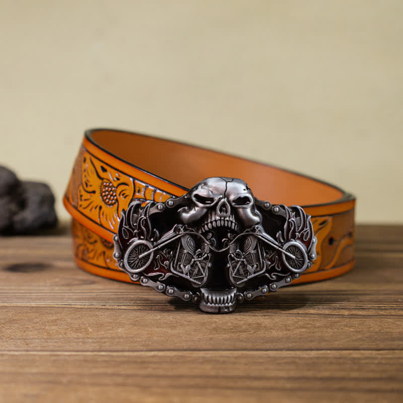 Men's DIY Skull Motorcycle Ghost Head Buckle Leather Belt - Skull - Orange Carved Belt (40) - image 14