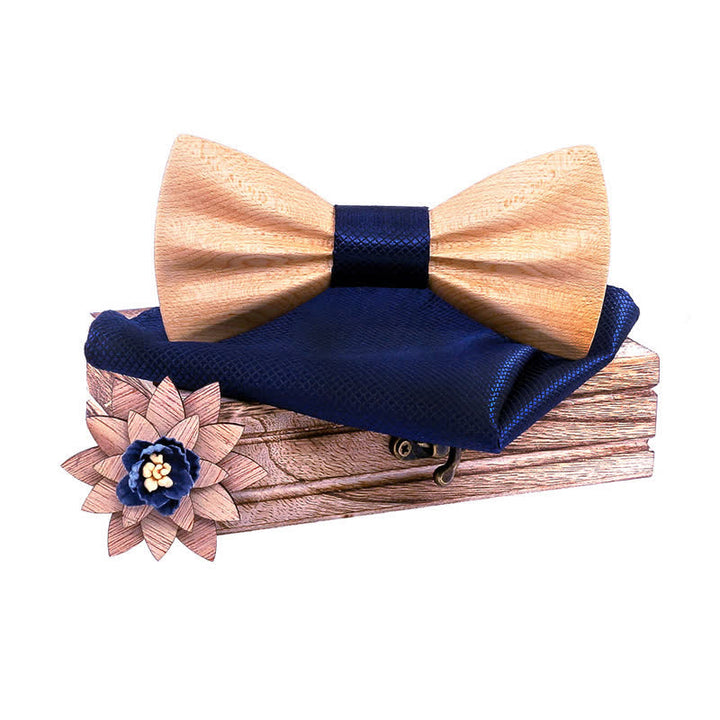 3Pcs Men's Hand Carved Crease Wooden Bow Tie Set - Maple - Navy - image 22
