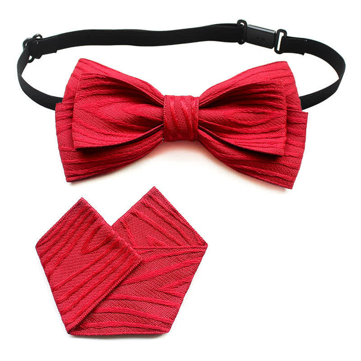 2Pcs Men's Pleated Striped Bow Tie Set - Red Pleated - image 11