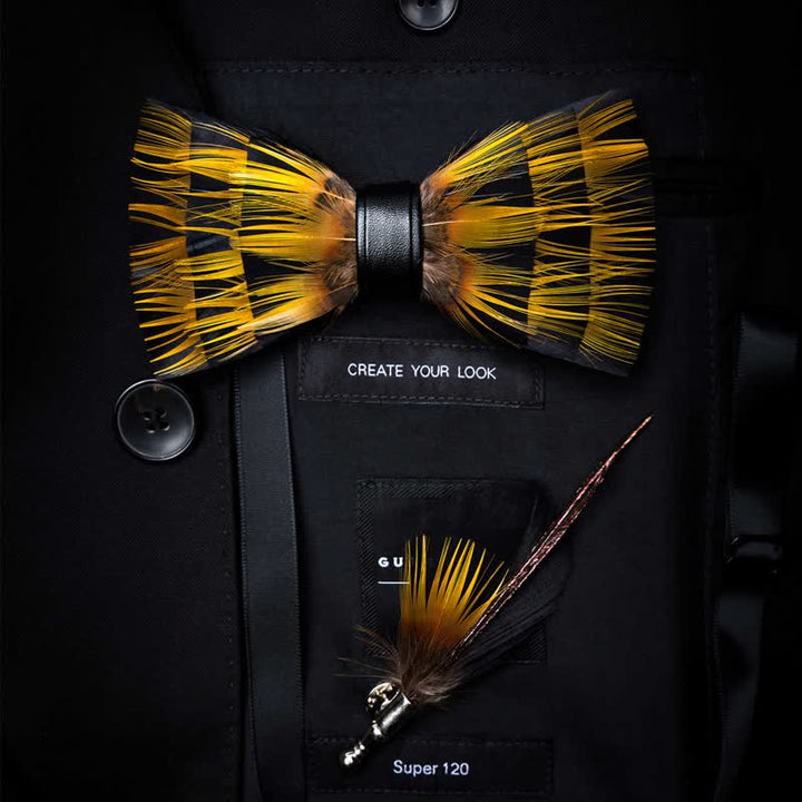 Yellow & Black Night Feather Bow Tie with Lapel Pin - Adult - image 0