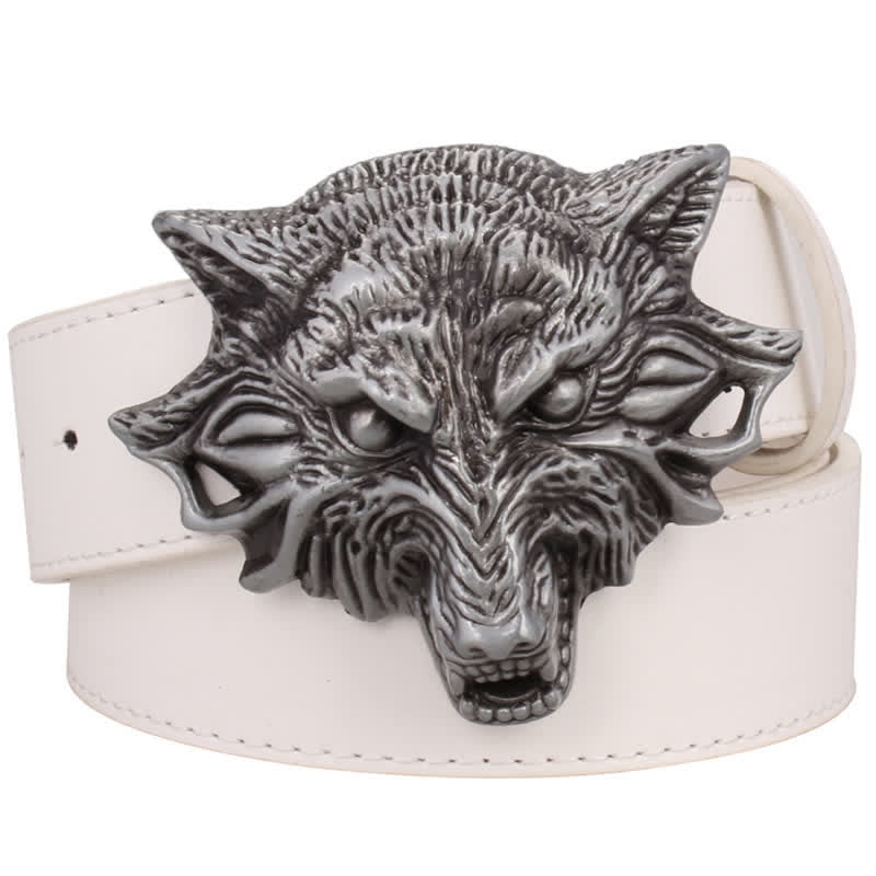 Men's Fierce Wolf Head Engraving Animals Leather Belt - White - 40 - image 4
