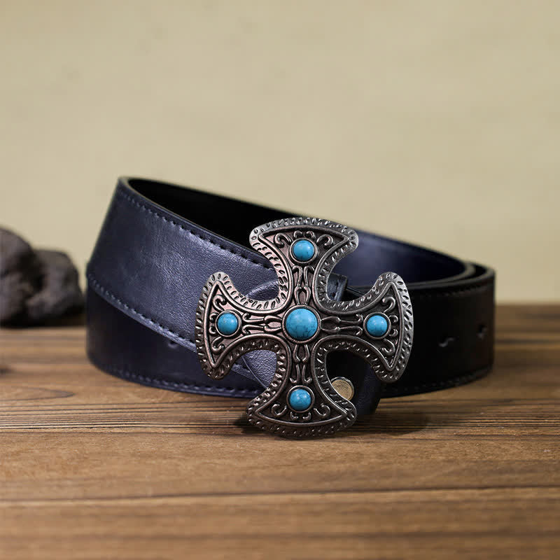 Men's DIY Retro Turquoise Stone Cross Buckle Leather Belt - Cross - Black PU Belt (40) - image 2