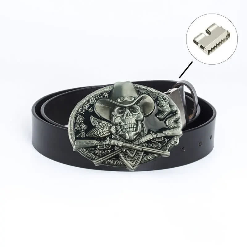 Men's Pirate Skull Cross Guns Leather Belt - Iron Linker - Black / Black Glaze - 46 - image 21