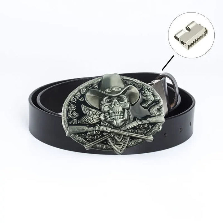 Men's Pirate Skull Cross Guns Leather Belt - Iron Linker - Black / Black Glaze - 46 - image 21