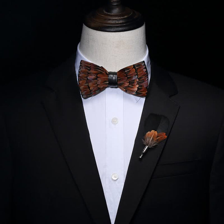 Kid's Brown & Black Trim Feather Bow Tie with Lapel Pin - image 3