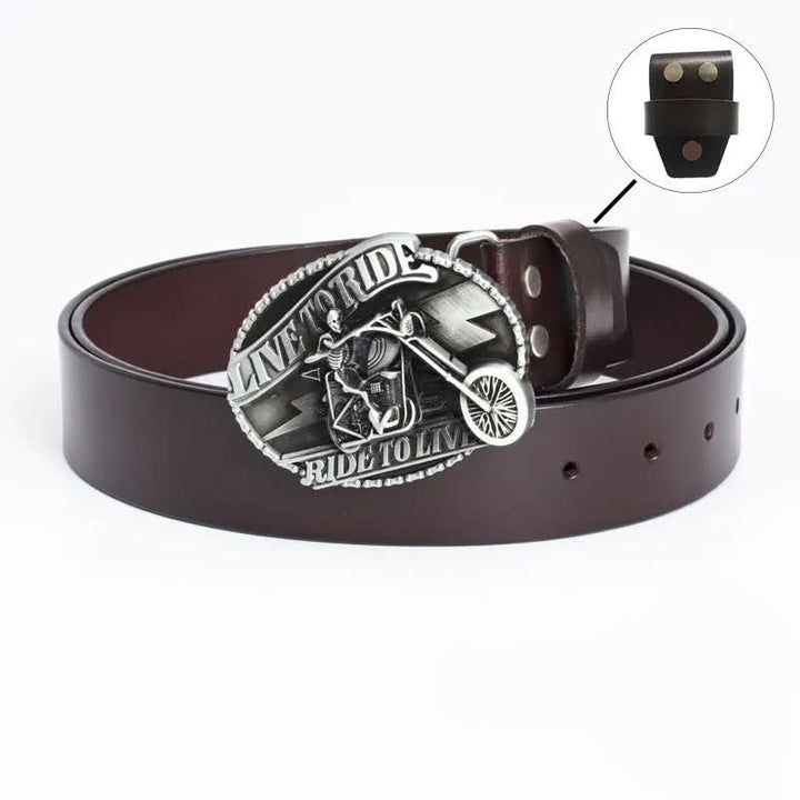 Men's Skeleton Motorcyclist Skull Leather Belt - Leather Linker - Brown / Silver - 46 - image 17