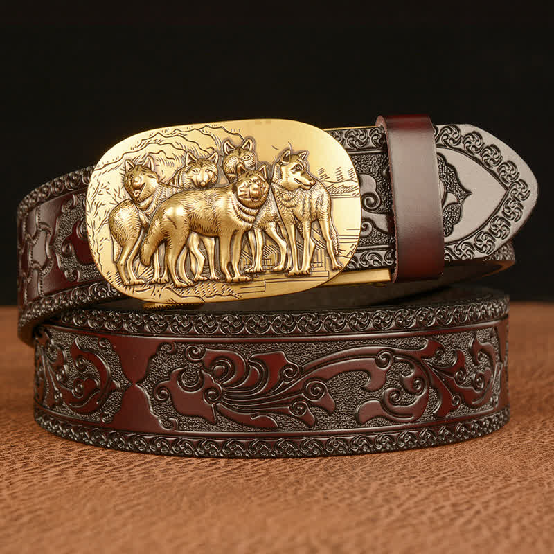 Men's Retro Pack Of Wolves Leather Belt - Gold & Brown - 46 - image 0
