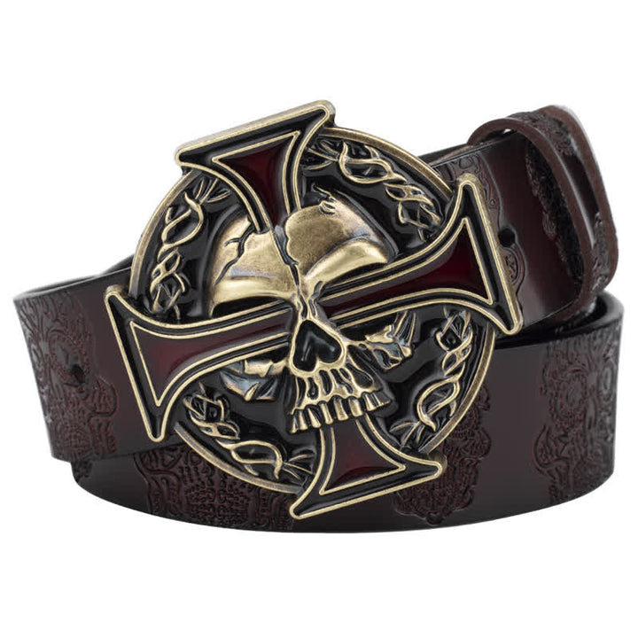 Men's Cross Skull Embossed Pattern Leather Belt - Coffee / Gold - 46 - image 11