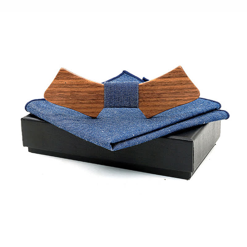 2Pcs Men's Collar-shaped Wooden Bow Tie Set - Solid Blue - image 7