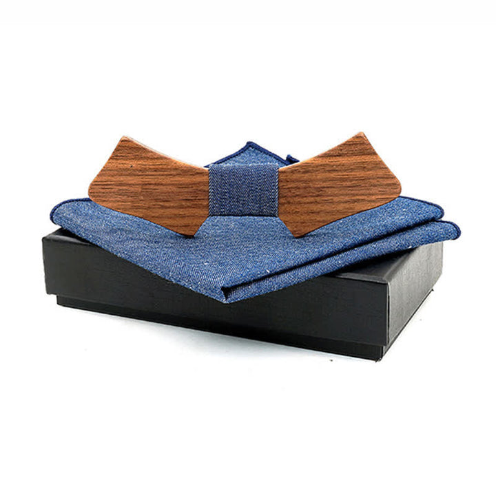 2Pcs Men's Collar-shaped Wooden Bow Tie Set - Solid Blue - image 7