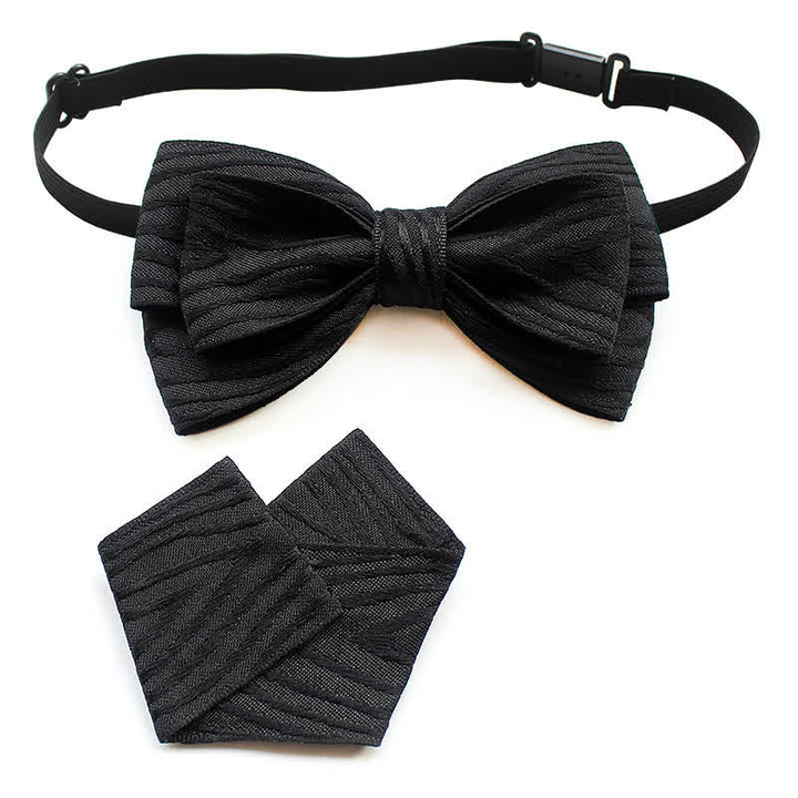 2Pcs Men's Pleated Striped Bow Tie Set - Black Pleated - image 9