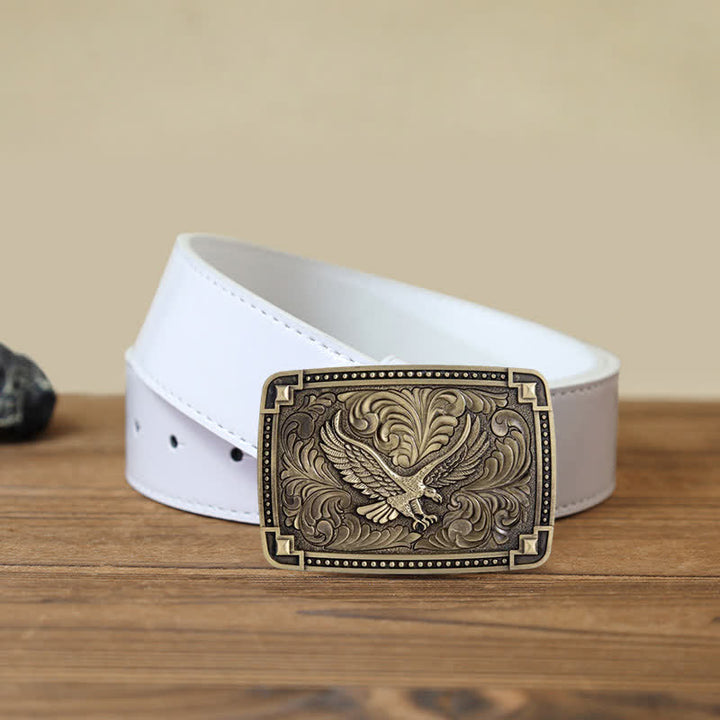 Men's DIY Soaring Eagle In Dreamy Sky Buckle Leather Belt - Antique Bronze - White PU Belt (40) - image 8