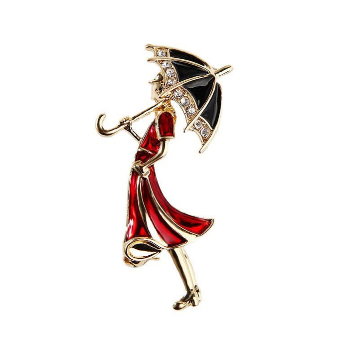 Women's Lovely Umbrella Red Lady Brooch - Red - image 0