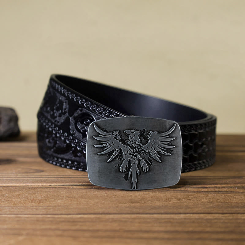 Men's DIY Rising Phoenix Eagle Buckle Leather Belt - Silver - Black Carved Belt (40) - image 11