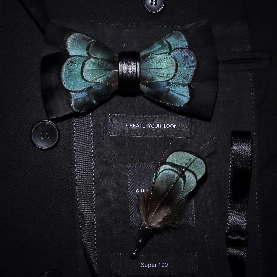 Kid's Black & Green Exquisite Feather Bow Tie with Lapel Pin - Adult - image 2