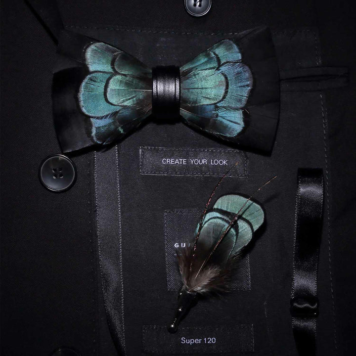 Kid's Black & Green Exquisite Feather Bow Tie with Lapel Pin - Adult - image 2