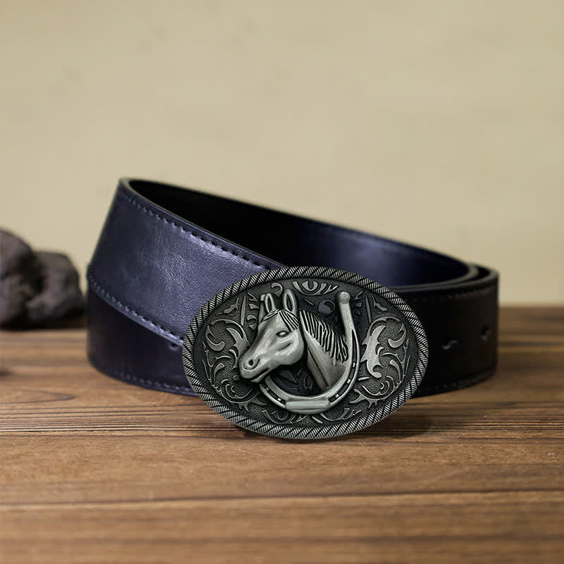 Men's DIY Antique Silver Horseshoe Buckle Leather Belt - Horseshoe - Black PU Belt (40) - image 3