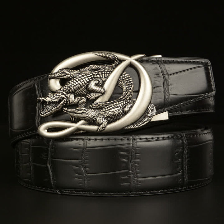 Men's Crocodile Buckle Alligator Pattern Leather Belt - Style #1 - Silver & Black - 46 - image 8