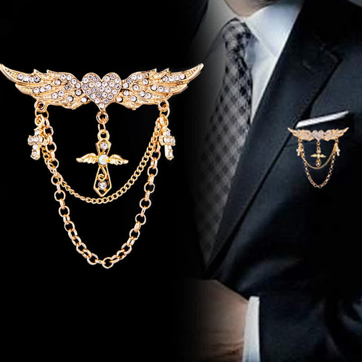 Men's Angel Wings Heart Cross Tassel Brooch - image 0
