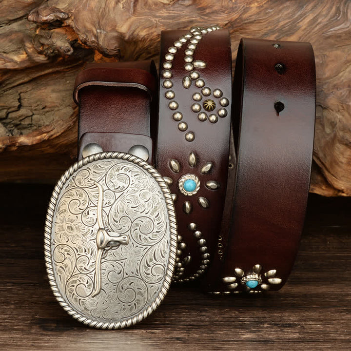 Men's Punk Rivet Longhorn Bull Turquoise Real Leather Belt - Coffee - 44 - image 7