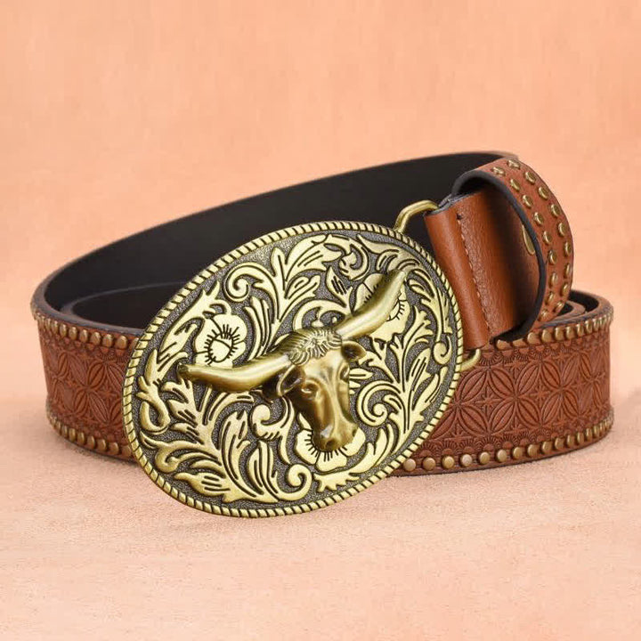 Men's Bull Head Rivet Embossed Leather Belt - image 1