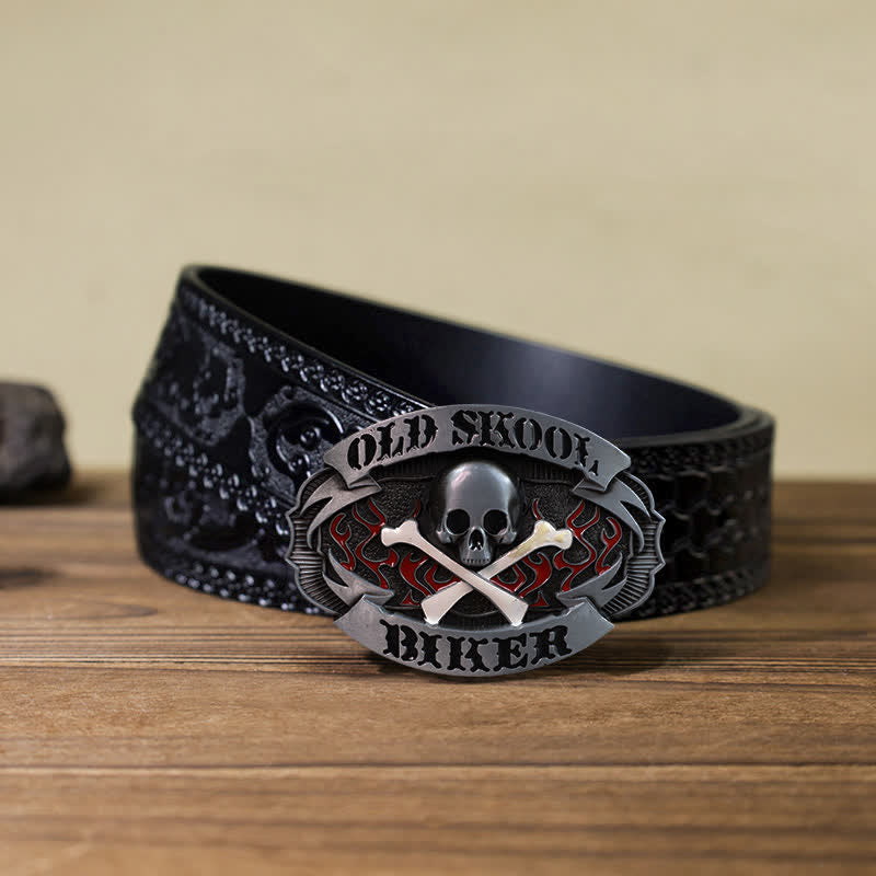 Men's DIY Skull Biker Cross Bone Buckle Leather Belt - Skull - Black Carved Belt (40) - image 8