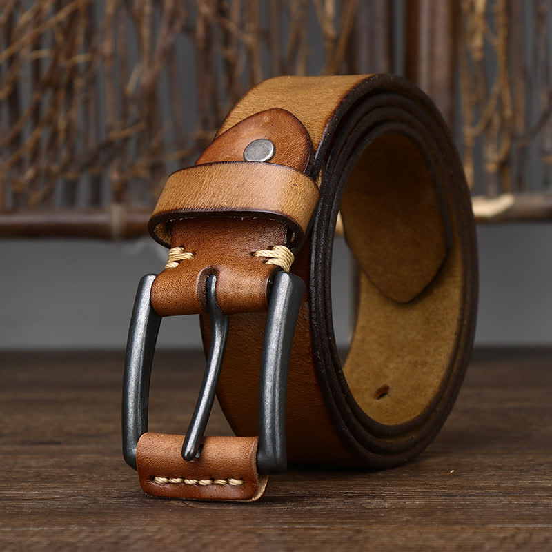 Men's Stylish Retro Glossy Cowboy Leather Belt - Yellowish Brown - 44 - image 0