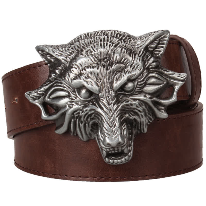 Men's Fierce Wolf Head Engraving Animals Leather Belt - Coffee - 40 - image 3