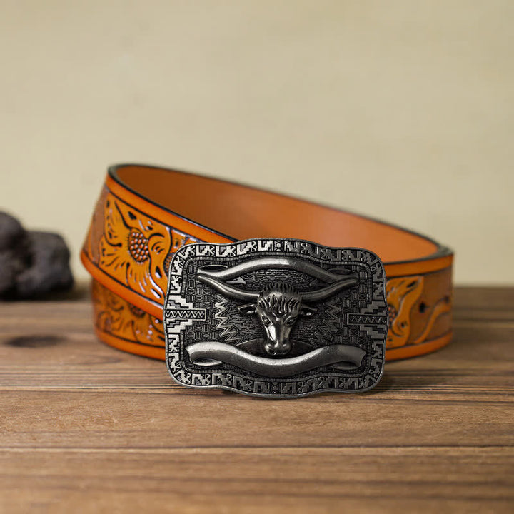 Men's DIY Silver Square Longhorn Bull Buckle Leather Belt - Bull Head - Orange Carved Belt (40) - image 16