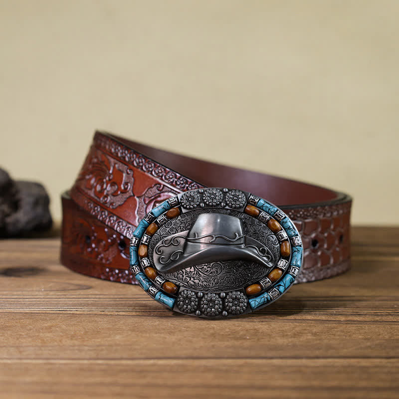 Men's DIY Cowboy Hat Turquoise Stone Buckle Leather Belt - Hat - Brown Carved Belt (40) - image 10