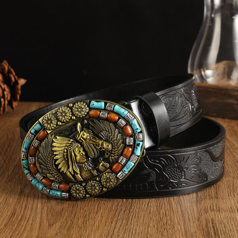 Men's Boho Indian Art Turquoise Leather Belt - Black #2 - 42 - image 8