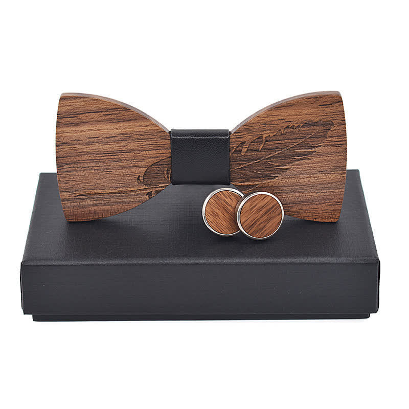 2Pcs Men's Feather Engraving Wooden Bow Tie Set - Black Leather - image 0