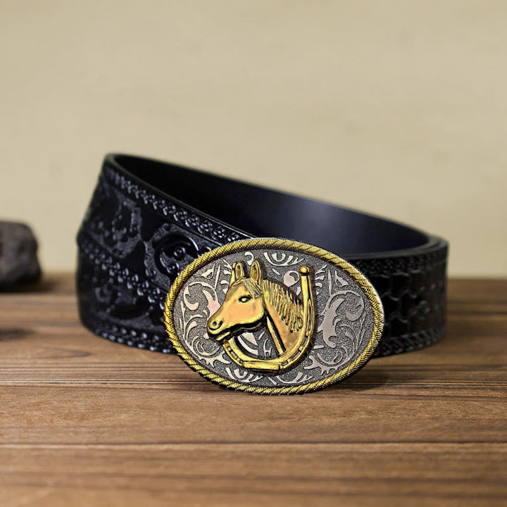 Men's DIY Golden Horseshoe Buckle Leather Belt - Horseshoe - Black Carved Belt (40) - image 7
