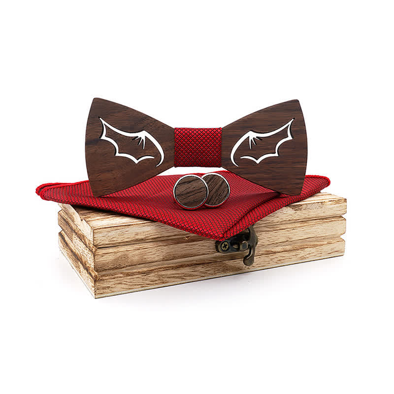 3Pcs Men's Demon Wings Wooden Bow Tie Set - Red - image 9